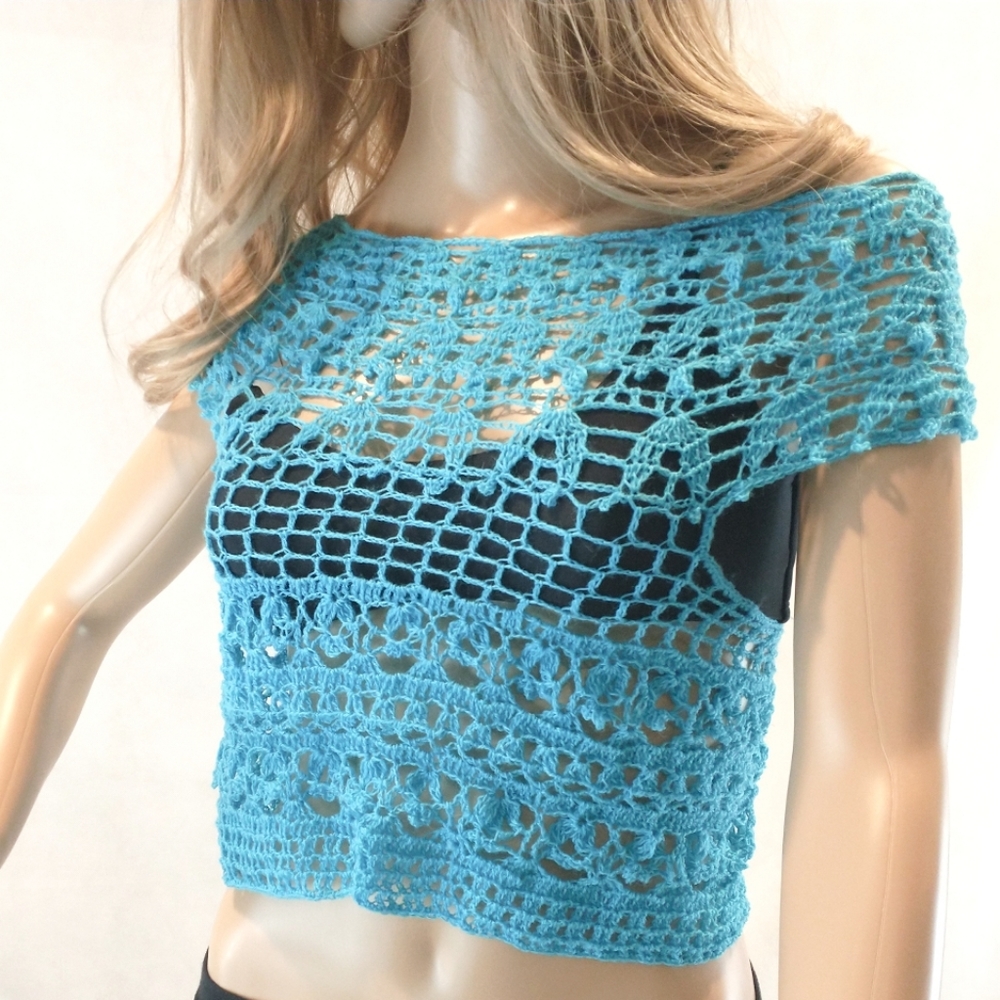 🔵Top, Crochet Handmade Lace Knit summer ⛱️ blue Lace